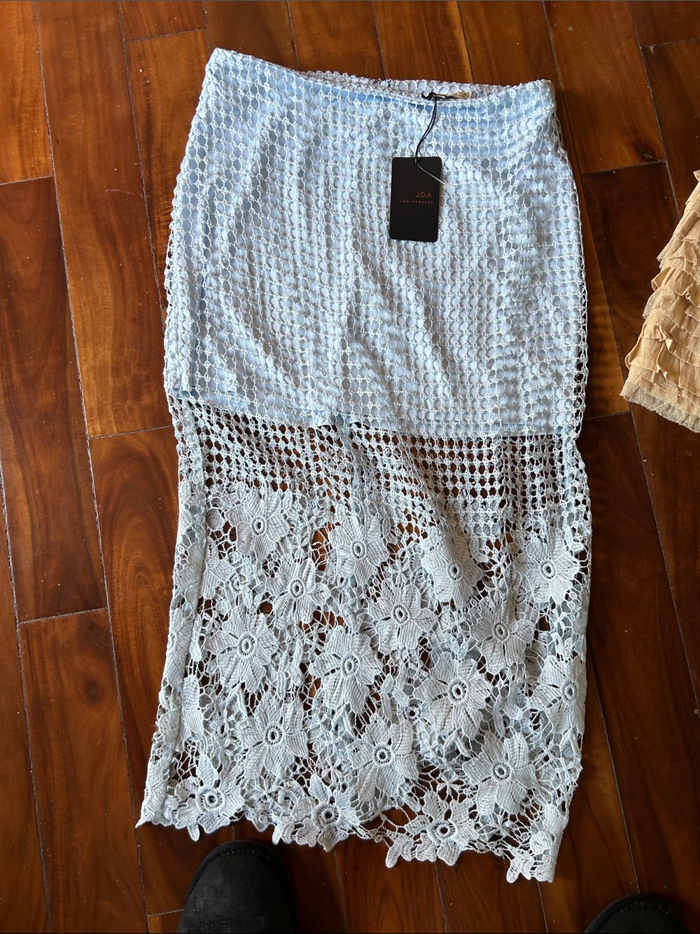 J.O.A. Light Blue Crochet Midi Skirt with Floral Lace Panel